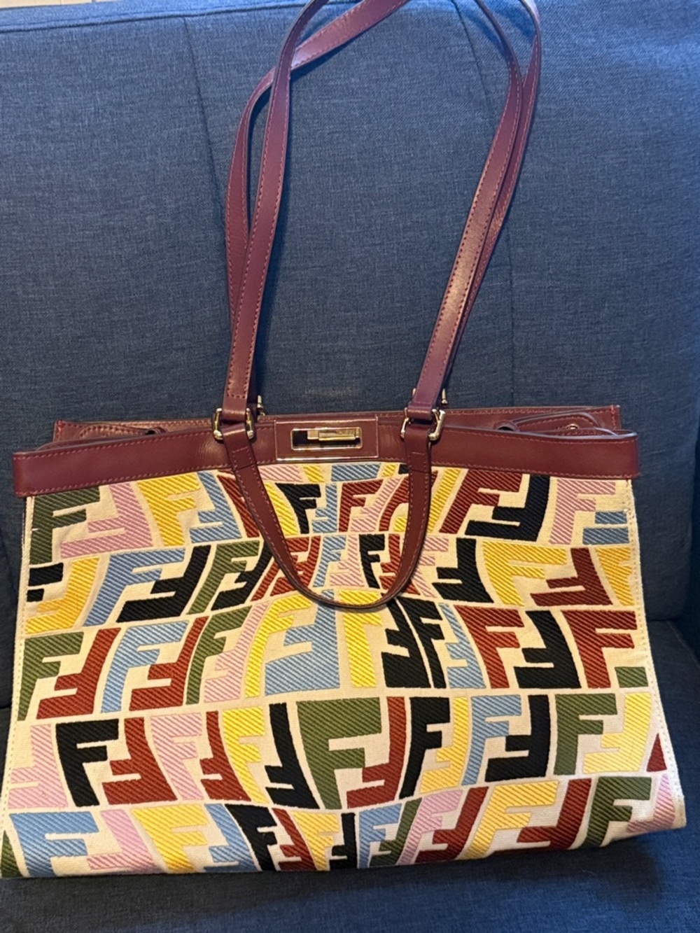 Multicolor Logo-Print Canvas Tote with Burgundy Leather Trim inspired not authen